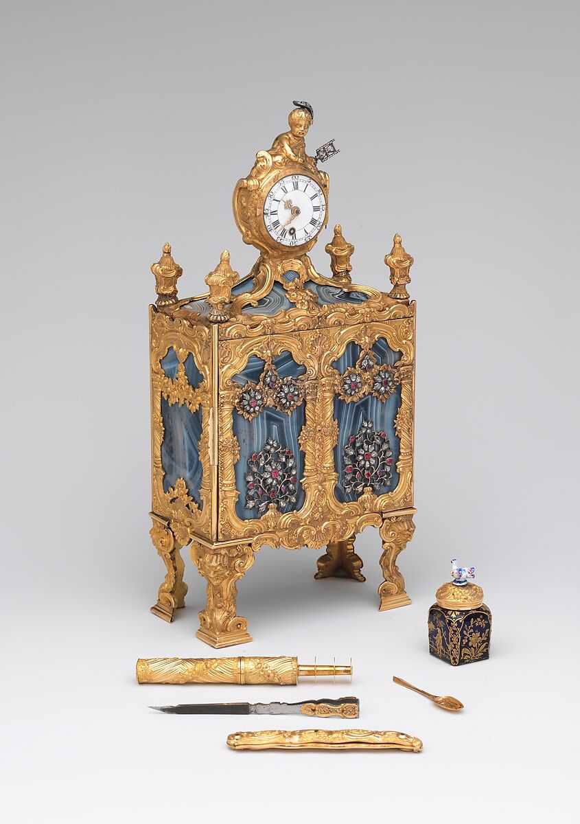 Nécessaire incorporating a watch (one of a pair), John Barbot (British, recorded 1751–65), Gold, agate, rubies, diamonds, silver, wood carcass, silk velvet, mirror glass; glass, enamel, ivory, steel; movement: gilded brass, steel; enamel face, British, London