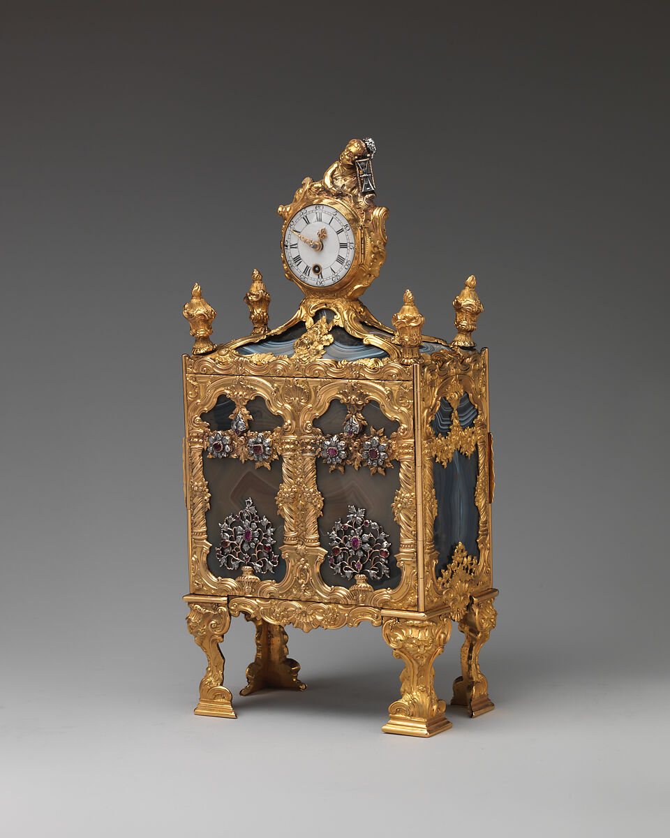 Nécessaire (one of a pair), John Barbot (British, recorded 1751–65), Gold, agate, rubies, diamonds, silver, wood carcass, silk velvet, miror glass; enamel miniature; glass, enamel, topaz; movement: gilded brass, steel, enamel face; shagreen on wood with gold piqué ornament and gilt-brass mounts, British, London 