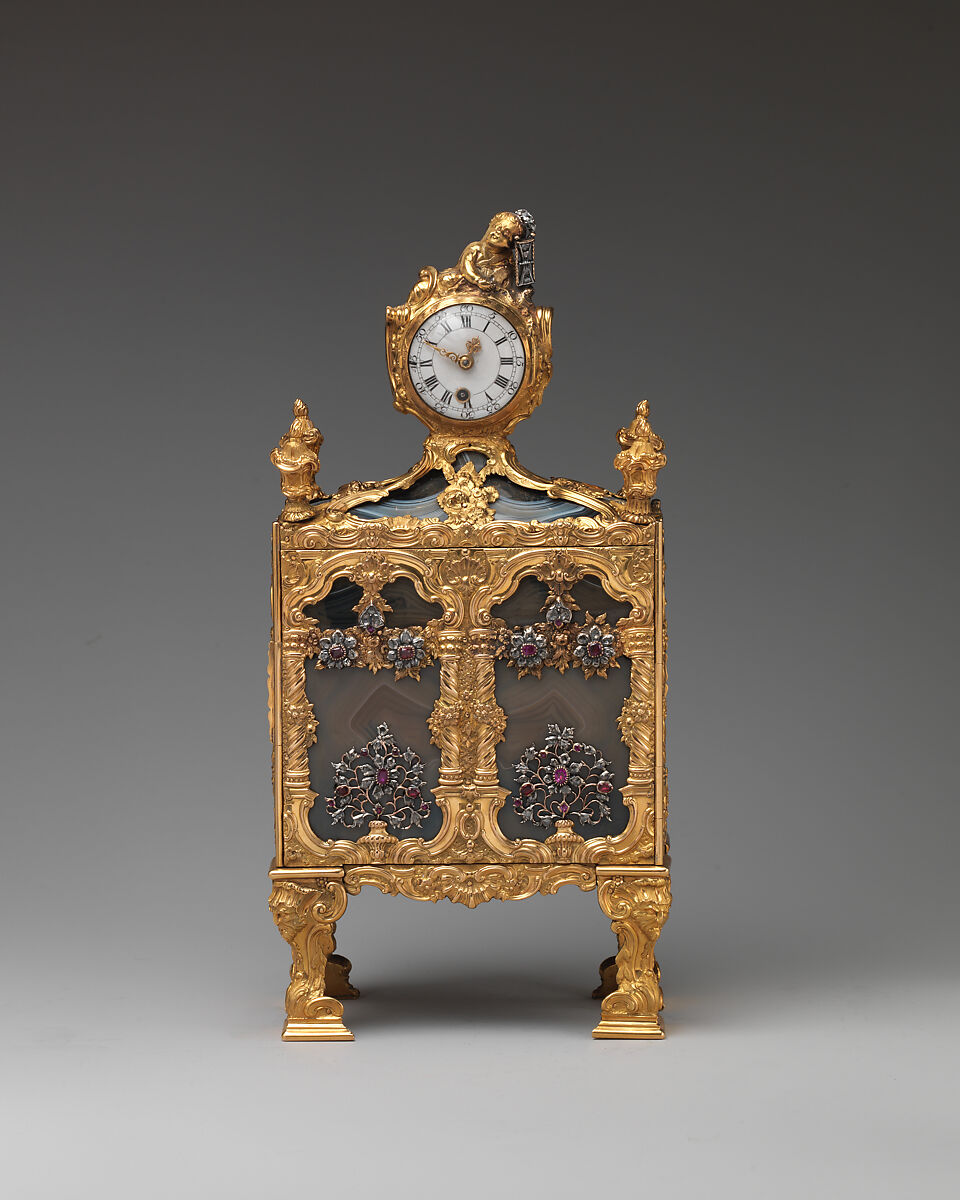 Nécessaire (one of a pair), John Barbot (British, recorded 1751–65), Gold, agate, rubies, diamonds, silver, wood carcass, silk velvet, miror glass; enamel miniature; glass, enamel, topaz; movement: gilded brass, steel, enamel face; shagreen on wood with gold piqué ornament and gilt-brass mounts, British, London