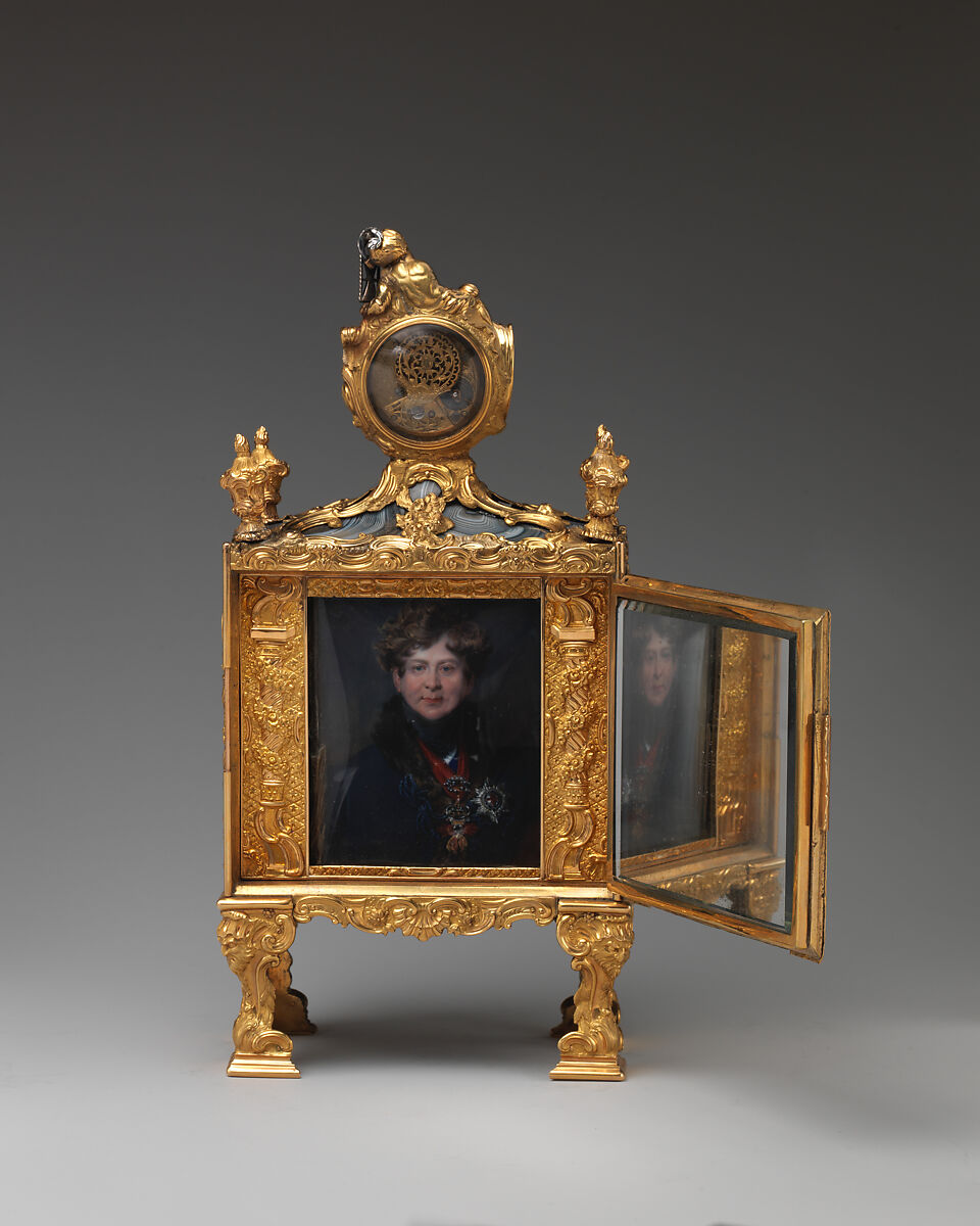 Nécessaire (one of a pair), John Barbot (British, recorded 1751–65), Gold, agate, rubies, diamonds, silver, wood carcass, silk velvet, miror glass; enamel miniature; glass, enamel, topaz; movement: gilded brass, steel, enamel face; shagreen on wood with gold piqué ornament and gilt-brass mounts, British, London