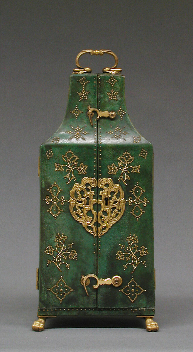 Nécessaire (one of a pair), John Barbot (British, recorded 1751–65), Gold, agate, rubies, diamonds, silver, wood carcass, silk velvet, miror glass; enamel miniature; glass, enamel, topaz; movement: gilded brass, steel, enamel face; shagreen on wood with gold piqué ornament and gilt-brass mounts, British, London