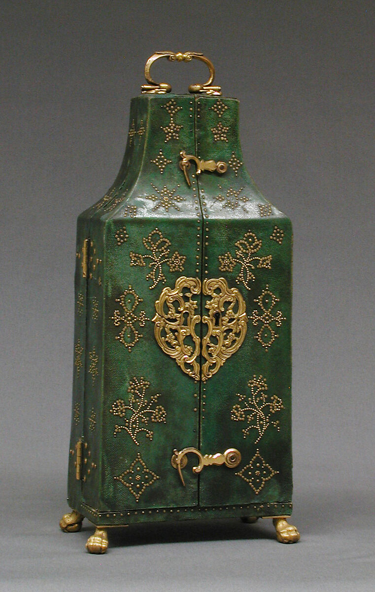 Nécessaire (one of a pair), John Barbot (British, recorded 1751–65), Gold, agate, rubies, diamonds, silver, wood carcass, silk velvet, miror glass; enamel miniature; glass, enamel, topaz; movement: gilded brass, steel, enamel face; shagreen on wood with gold piqué ornament and gilt-brass mounts, British, London