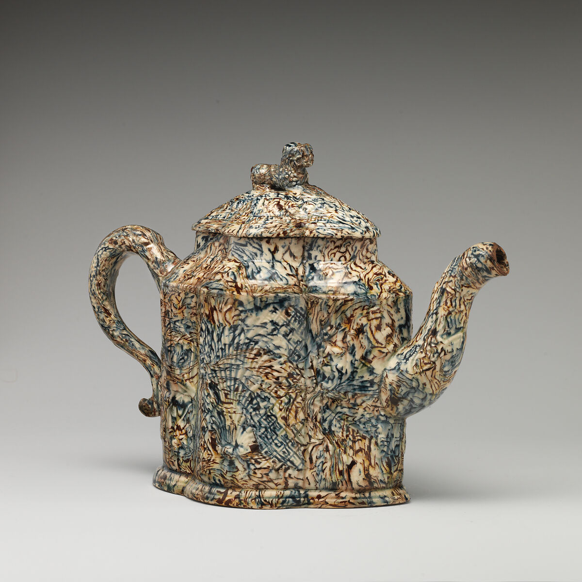 Teapot, Agateware (glazed earthenware), British, Staffordshire