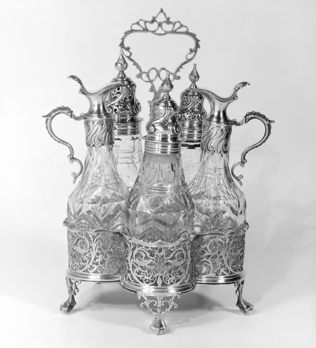 Cruet frame with five cruets, Silver and glass, British, London 