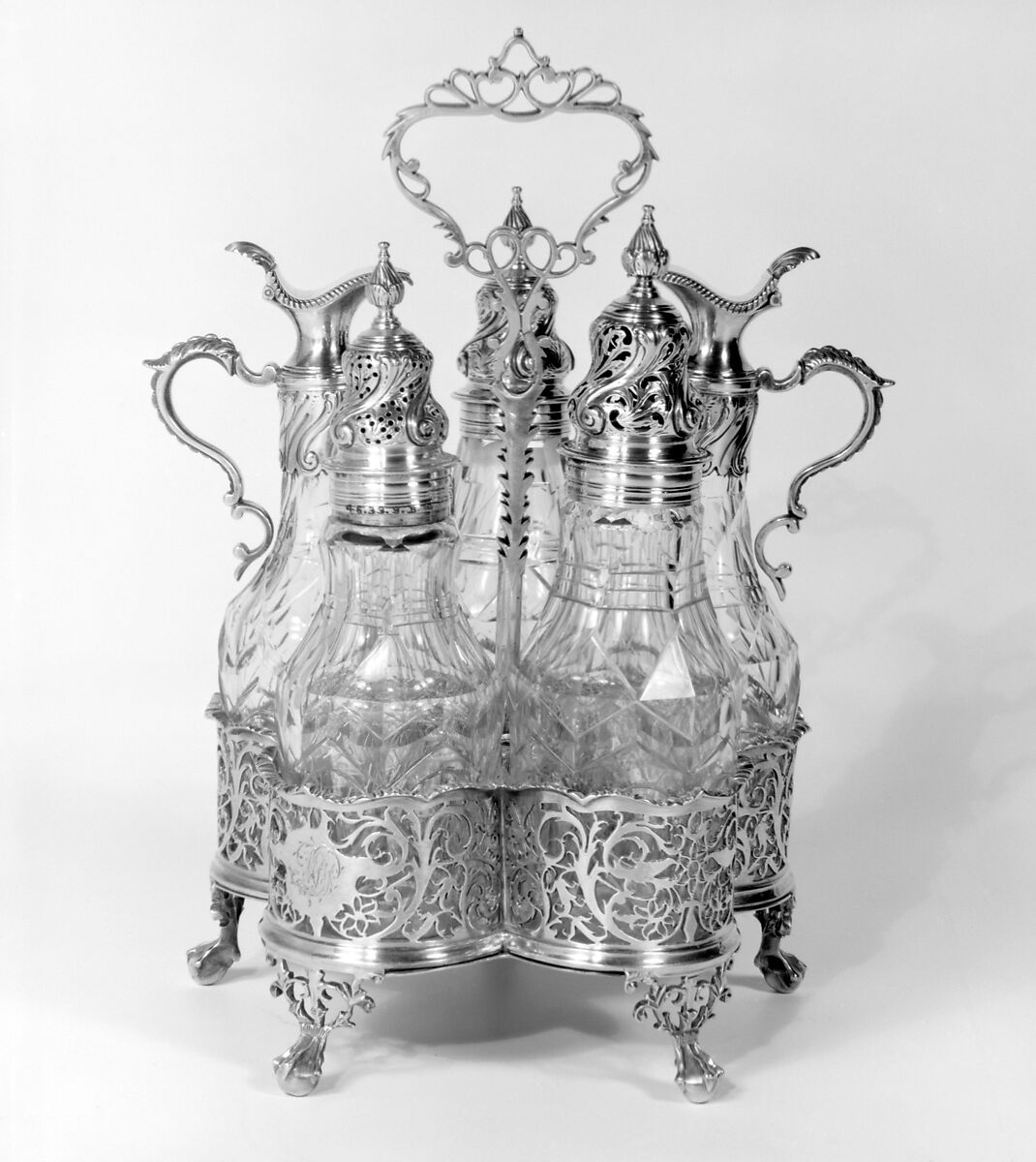 Cruet frame with five cruets, Silver and glass, British, London