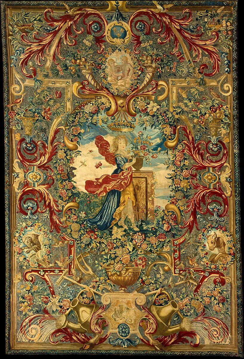 Seasons and Elements (Spring) (set of four), Possibly after a design by Charles Le Brun (French, Paris 1619–1690 Paris), Canvas; silk, wool, and metal-thread embroidery in tent stitch (316 stitches per sq. inch, 49 per sq. cm.), French, Paris 