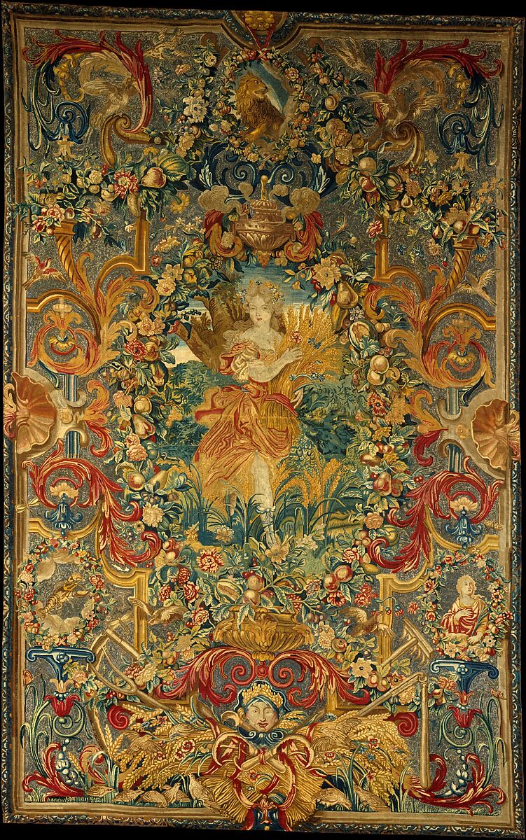 Seasons and Elements (Summer) (set of four), Possibly after a design by Charles Le Brun (French, Paris 1619–1690 Paris), Canvas; silk, wool, and metal-thread embroidery in tent stitch (316 stitches per sq. inch, 49 per sq. cm.), French, Paris 