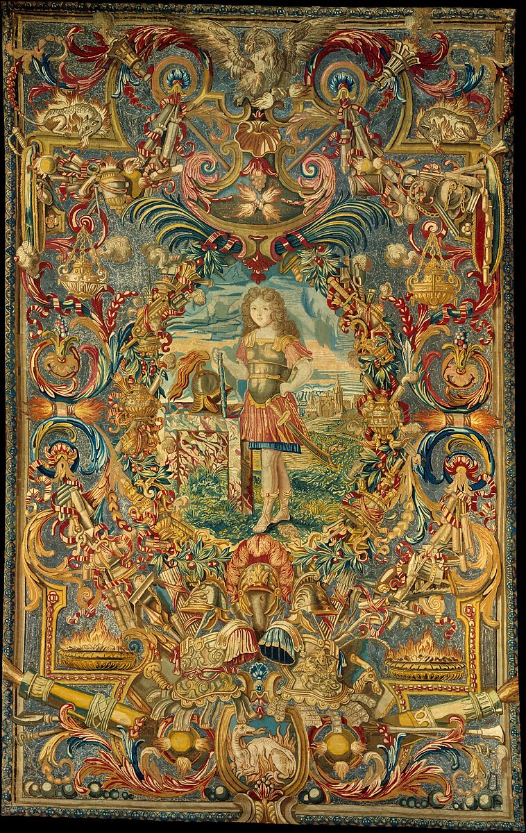 Seasons and Elements (Fire) (set of four), Possibly after a design by Charles Le Brun (French, Paris 1619–1690 Paris), Canvas; silk, wool, and metal-thread embroidery in tent stitch (316 stitches per sq. inch, 49 per sq. cm.), French, Paris 