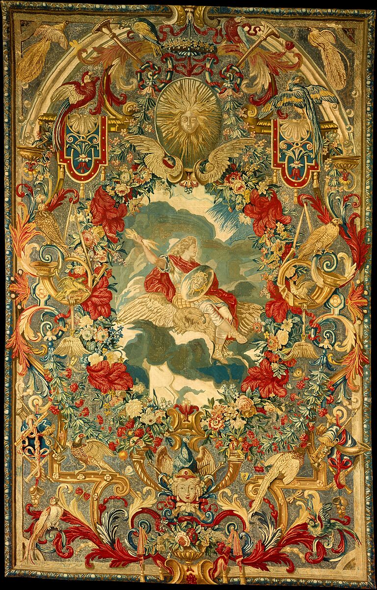 Seasons and Elements (Air) (set of four), Attributed to Charles Le Brun (French, Paris 1619–1690 Paris), Canvas; silk, wool, and metal-thread embroidery in tent stitch (316 stitches per sq. inch, 49 stitches per sq. cm.), French, Paris 