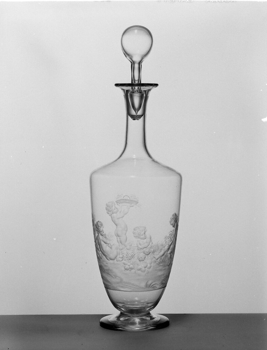 Decanter with scene of children harvesting grapes (Autumn) (one of a pair), Glass, engraved incavo, Austrian or Bohemian 