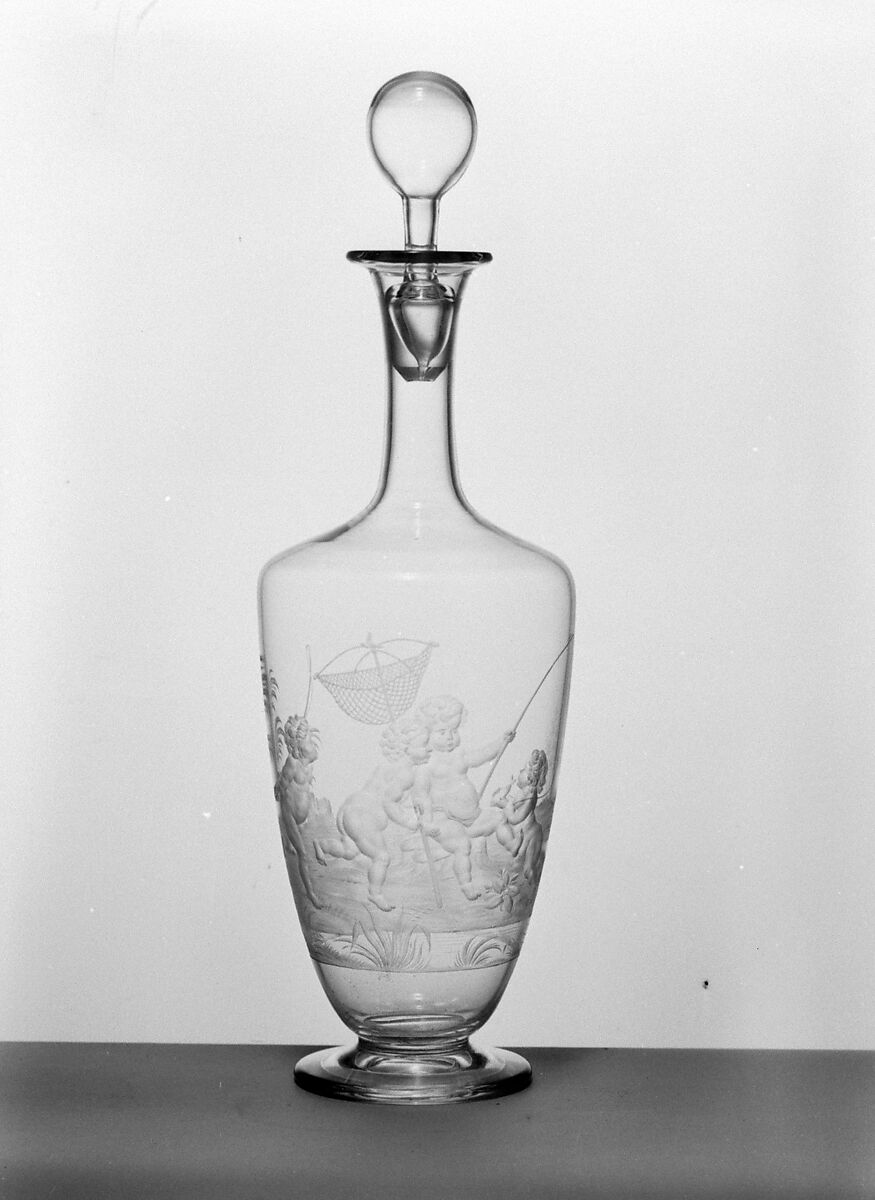 Decanter with scene of children fishing (Summer) (one of a pair), Glass, engraved incavo, Austrian or Bohemian 