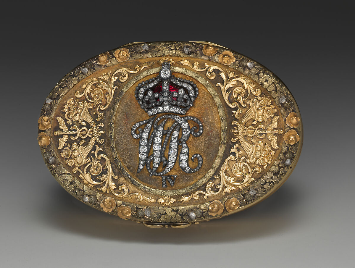 Snuffbox with cipher of William IV of the United Kingdom of Great Britian and Ireland, John Northam (recorded 1793, active 1793–after 1829), Gold, diamonds, enamel, British, London