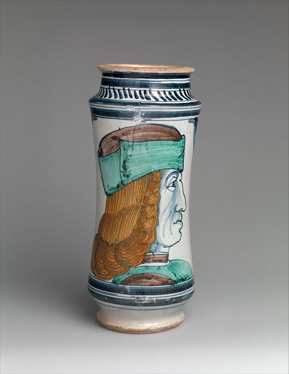 Pharmacy jar (albarello), Maiolica (tin-glazed earthenware), Italian, probably Naples or environs 