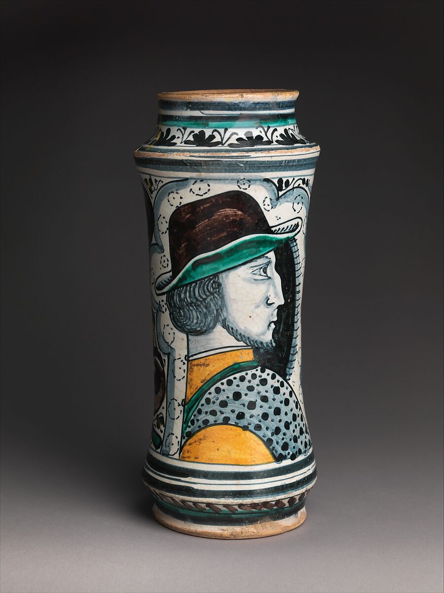 Storage jar (albarello) with a profile portrait, Maiolica (tin-glazed earthenware), Italian, probably Naples or Naples district 