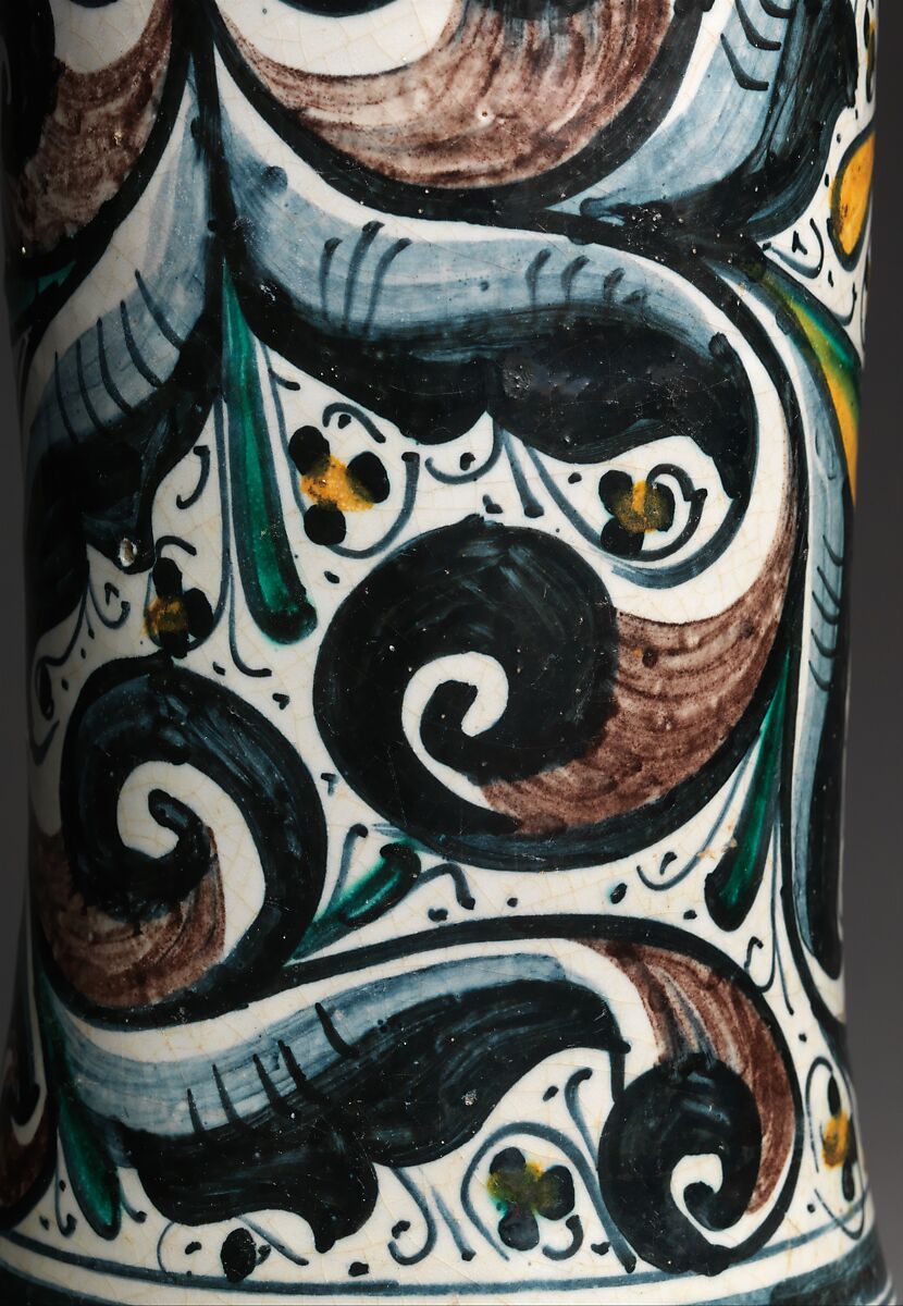 Storage jar (albarello) with a profile portrait, Maiolica (tin-glazed earthenware), Italian, probably Naples or Naples district