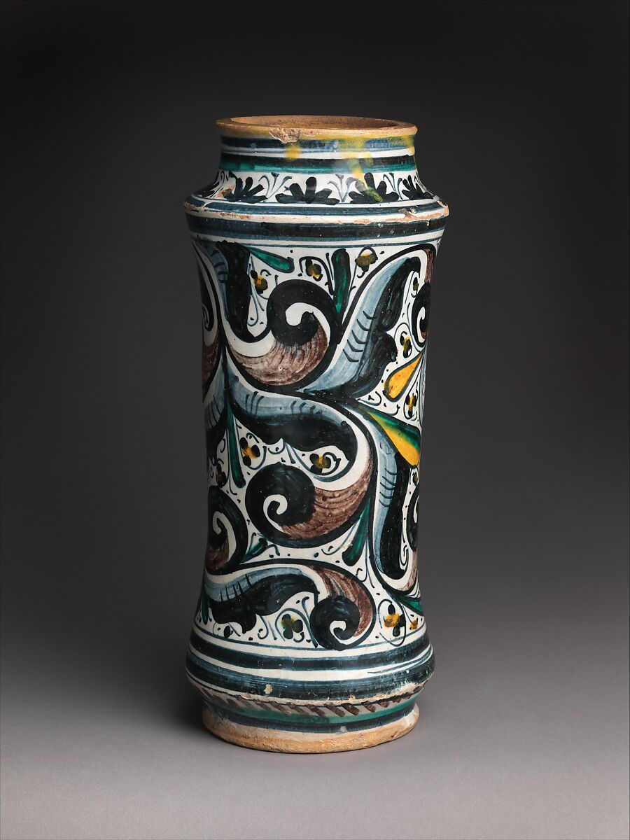 Storage jar (albarello) with a profile portrait, Maiolica (tin-glazed earthenware), Italian, probably Naples or Naples district