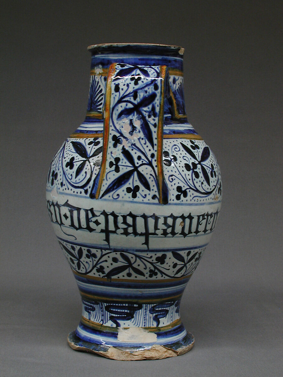 Pharmacy jar, Maiolica (tin-glazed earthenware), probably Italian, Naples