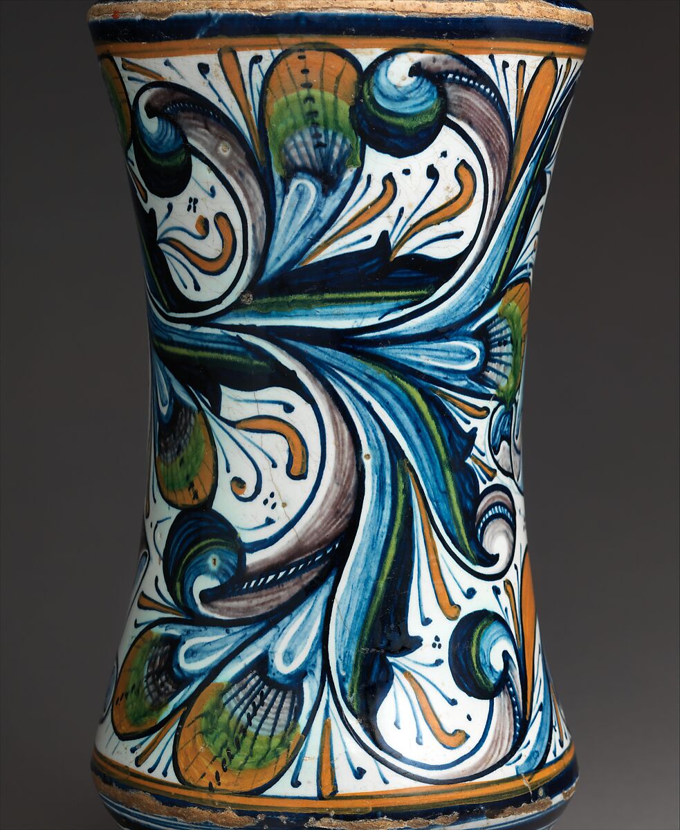 Storage jar (albarello) depicting a dog, Maiolica (tin-glazed earthenware), Italian, possibly Pesaro