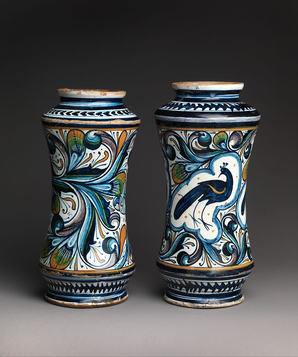 Storage jar (albarello) depicting a peacock, Maiolica (tin-glazed earthenware), Italian, possibly Pesaro