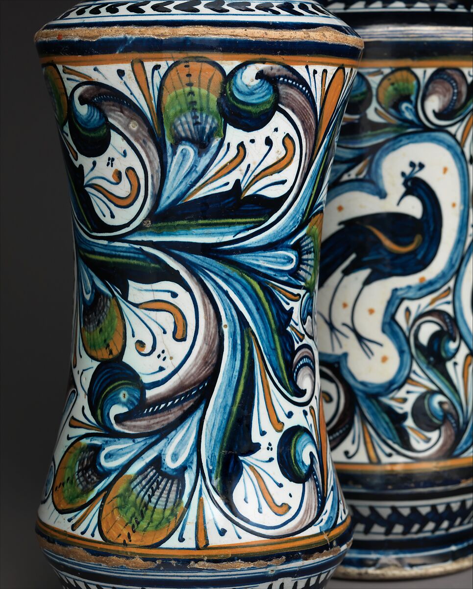 Storage jar (albarello) depicting a peacock, Maiolica (tin-glazed earthenware), Italian, possibly Pesaro