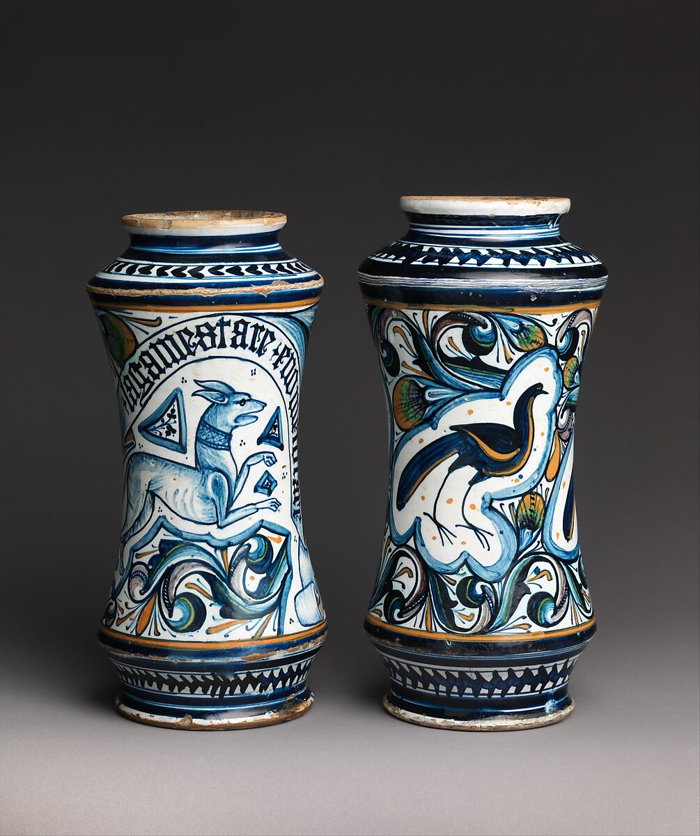 Storage jar (albarello) depicting a peacock, Maiolica (tin-glazed earthenware), Italian, possibly Pesaro 