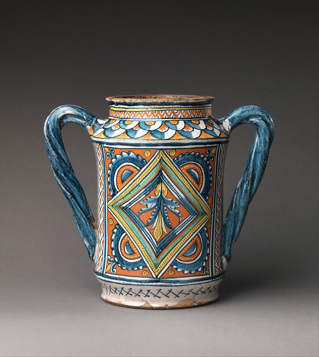 Storage jar (albarello), Maiolica (tin-glazed earthenware), Italian, Umbria, probably Deruta 