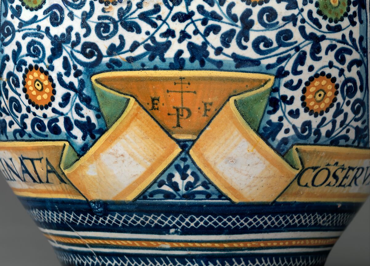 Pharmacy jar with the Apollo Belvedere and King David, Figure of Apollo Belvedere based on an engraving by Nicoletto da Modena (Italian, Modena, active ca. 1500–ca. 1520), Maiolica (tin-glazed earthenware), Italian, possibly Castelli