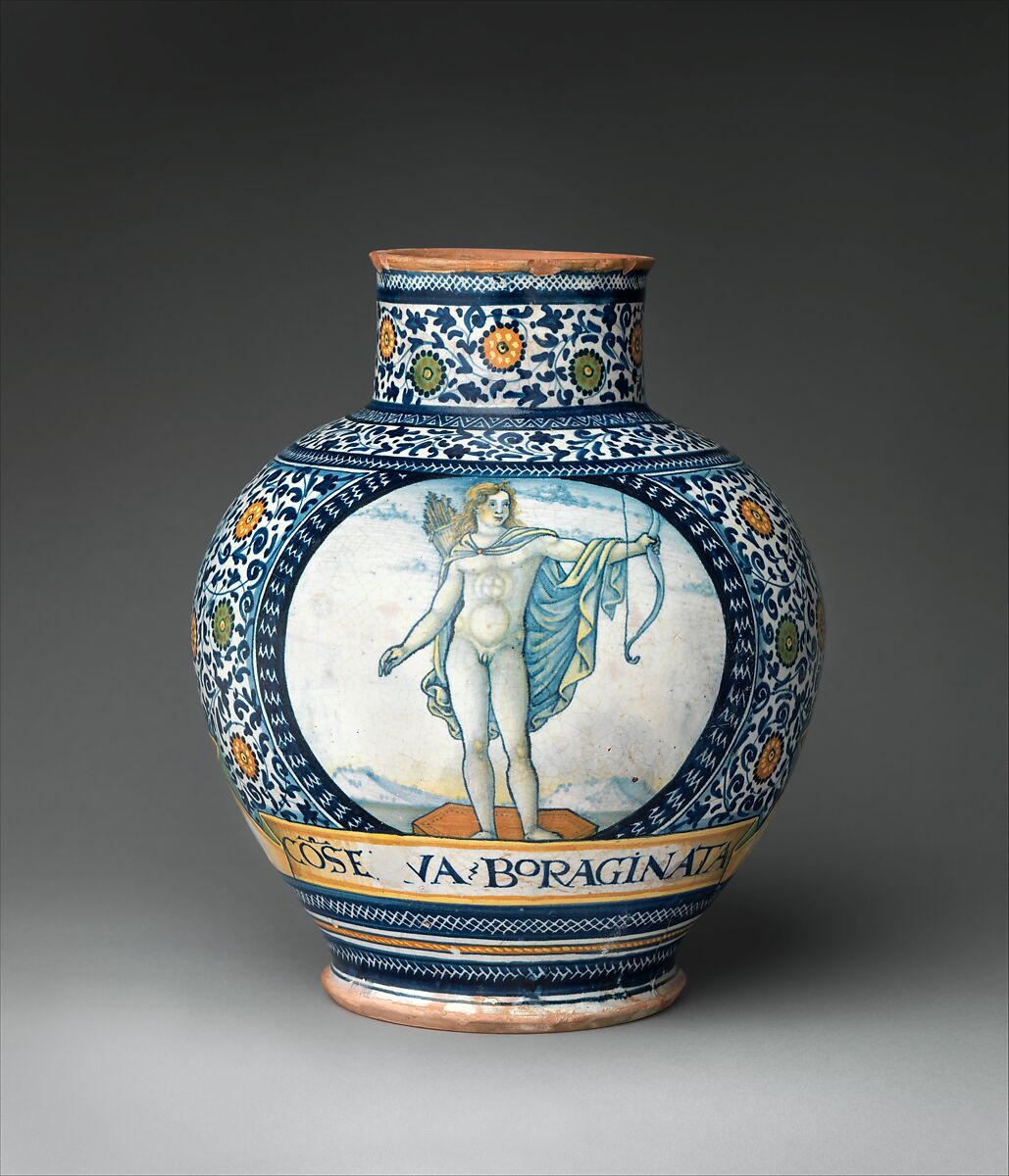 Pharmacy jar with the Apollo Belvedere and King David, Figure of Apollo Belvedere based on an engraving by Nicoletto da Modena (Italian, Modena, active ca. 1500–ca. 1520), Maiolica (tin-glazed earthenware), Italian, possibly Castelli 