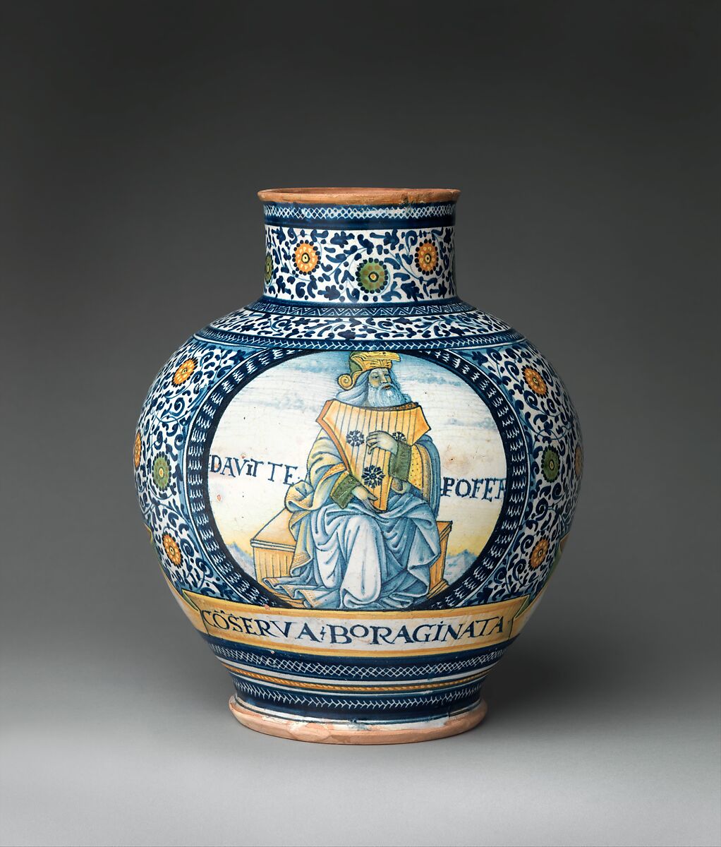 Pharmacy jar with the Apollo Belvedere and King David, Figure of Apollo Belvedere based on an engraving by Nicoletto da Modena (Italian, Modena, active ca. 1500–ca. 1520), Maiolica (tin-glazed earthenware), Italian, possibly Castelli