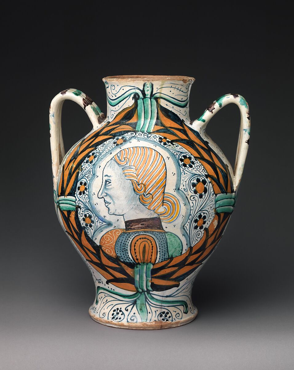 Two-handled pharmacy or storage jar with arms of the Orsini family and profile head of a man, Maiolica (tin-glazed earthenware), Italian, probably Deruta 