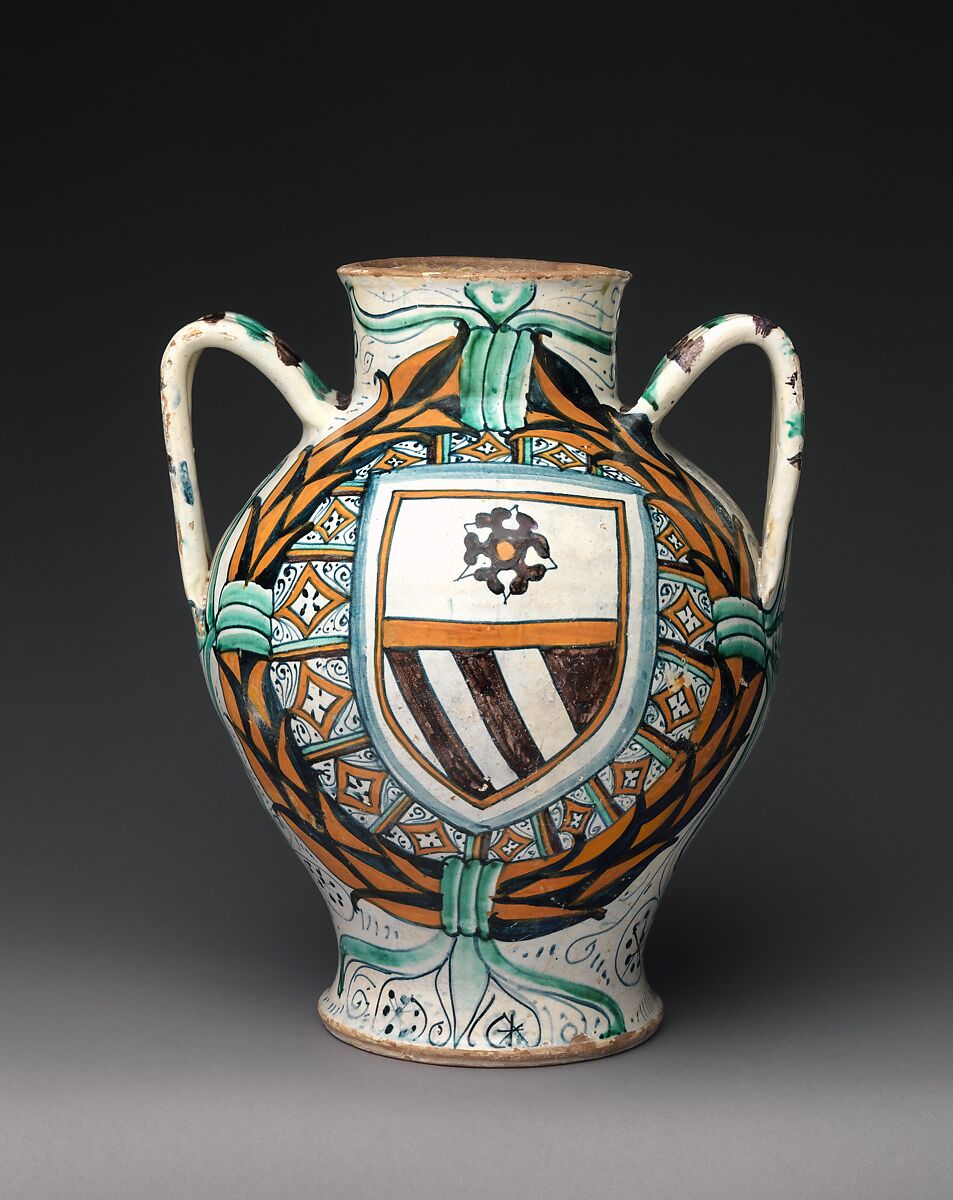 Two-handled pharmacy or storage jar with arms of the Orsini family and profile head of a man, Maiolica (tin-glazed earthenware), Italian, probably Deruta