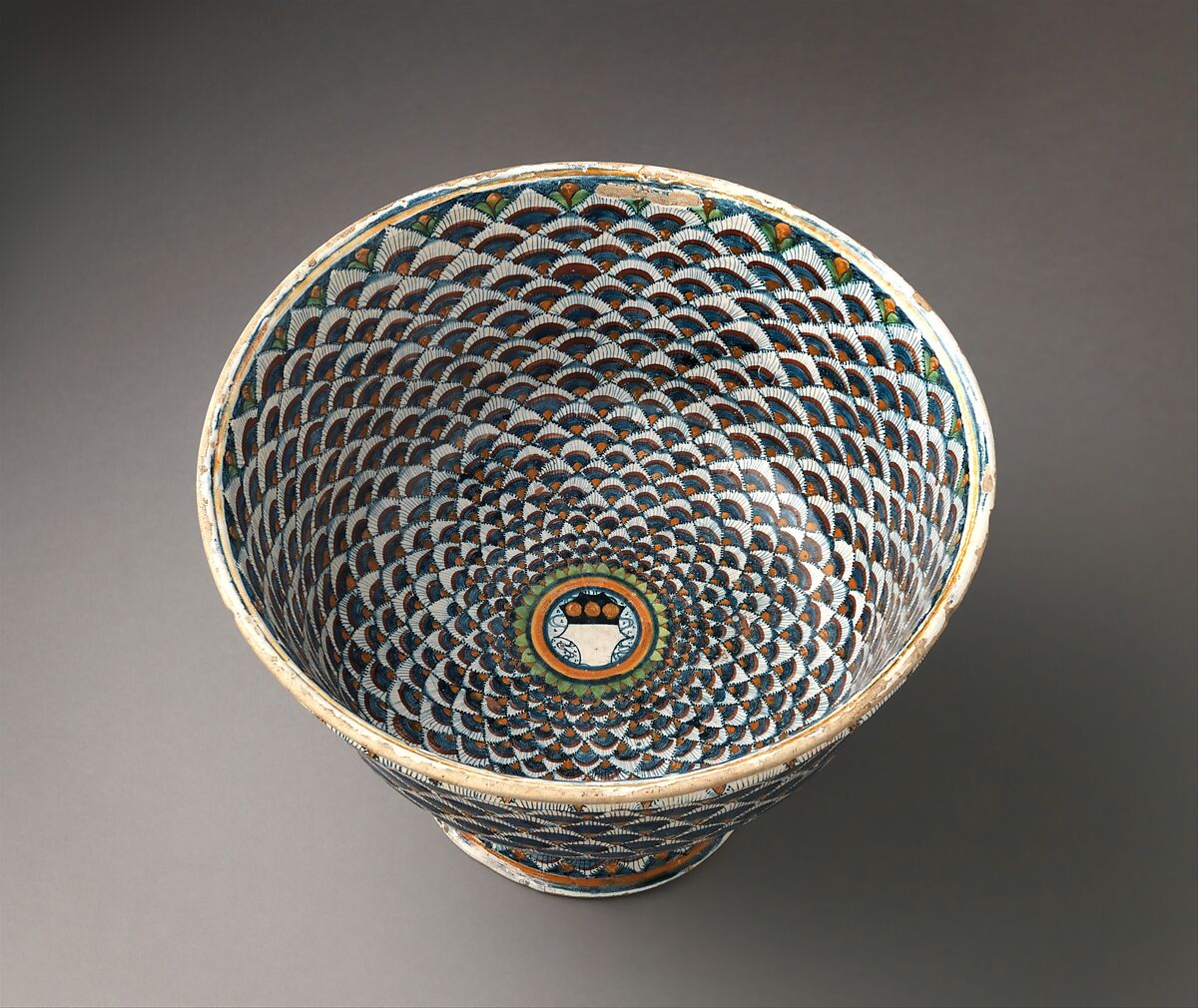 Bowl on foot with arms of the Ridolfi di Borgo family, Maiolica (tin-glazed earthenware), Italian, Montelupo