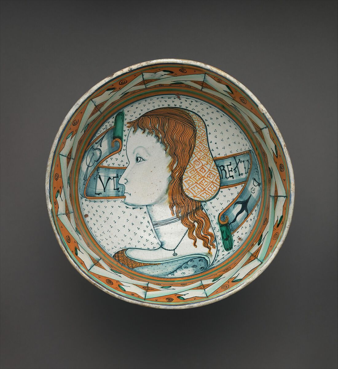 Bowl with Lucretia Bella, Maiolica (tin-glazed earthenware), Italian, Tuscany (probably Montelupo)