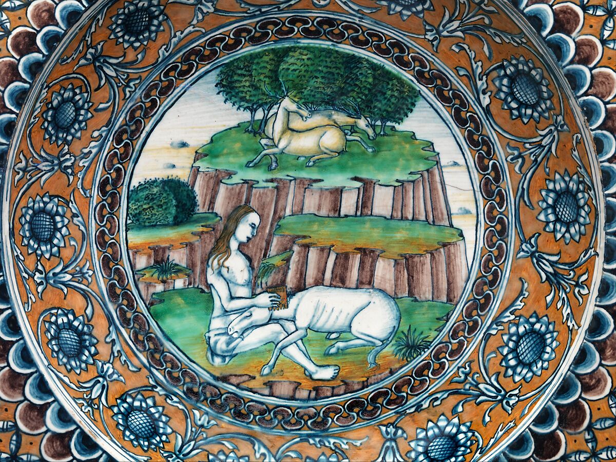Bowl with The Virgin and the Unicorn and arms of Matthias Corvinus and Beatrice of Aragon, Maiolica (tin-glazed earthenware), Italian, Pesaro