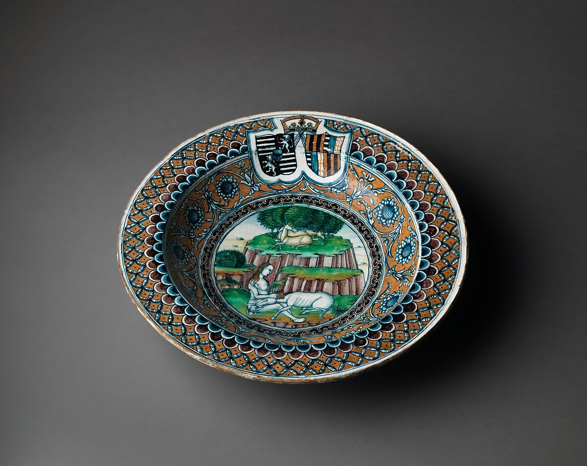 Bowl with The Virgin and the Unicorn and arms of Matthias Corvinus and Beatrice of Aragon, Maiolica (tin-glazed earthenware), Italian, Pesaro