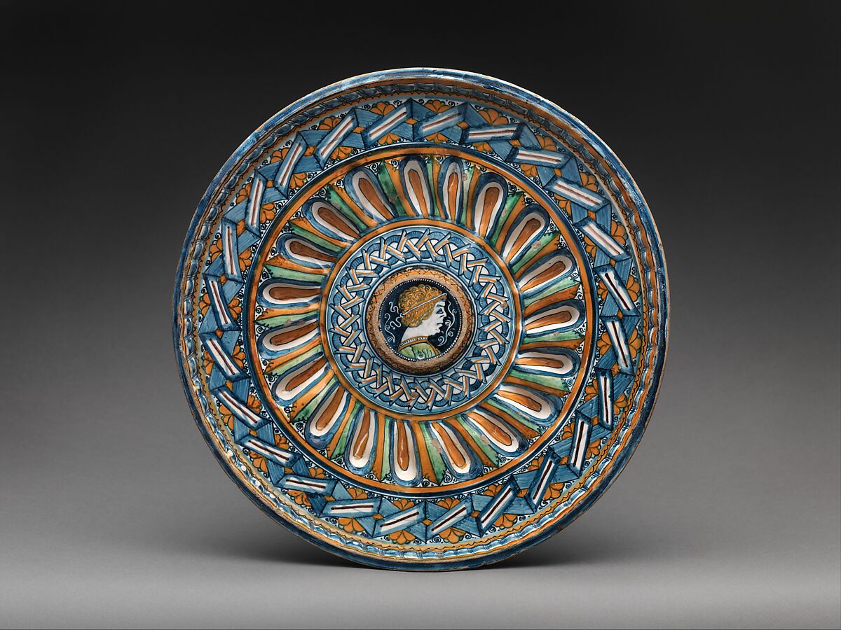 Basin with classicizing head, Maiolica (tin-glazed earthenware), Italian, Montelupo 