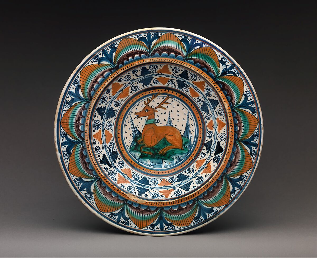 Plate with stag resting, Maiolica (tin-glazed earthenware), Italian, Montelupo 