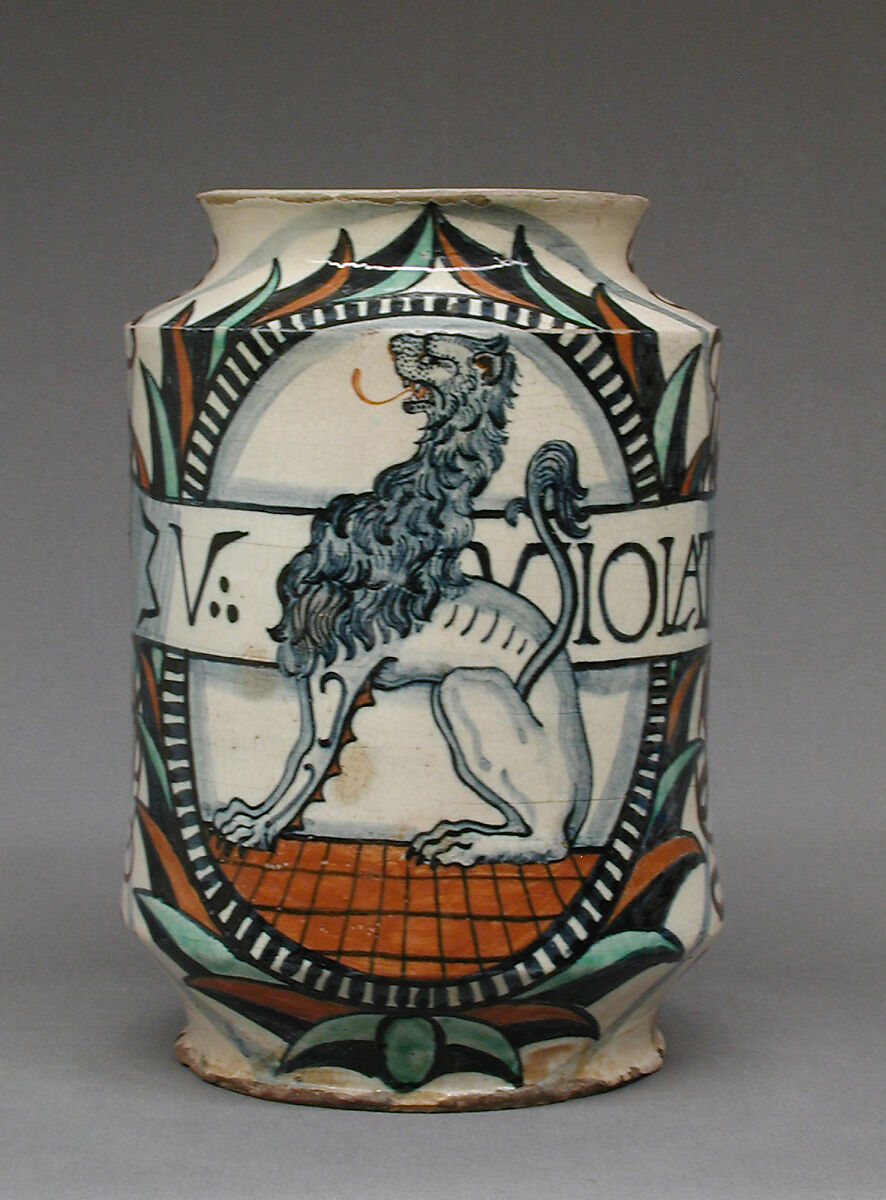 Pharmacy jar (albarello), Maiolica (tin-glazed earthenware) or lead-glazed slipware, Italian 