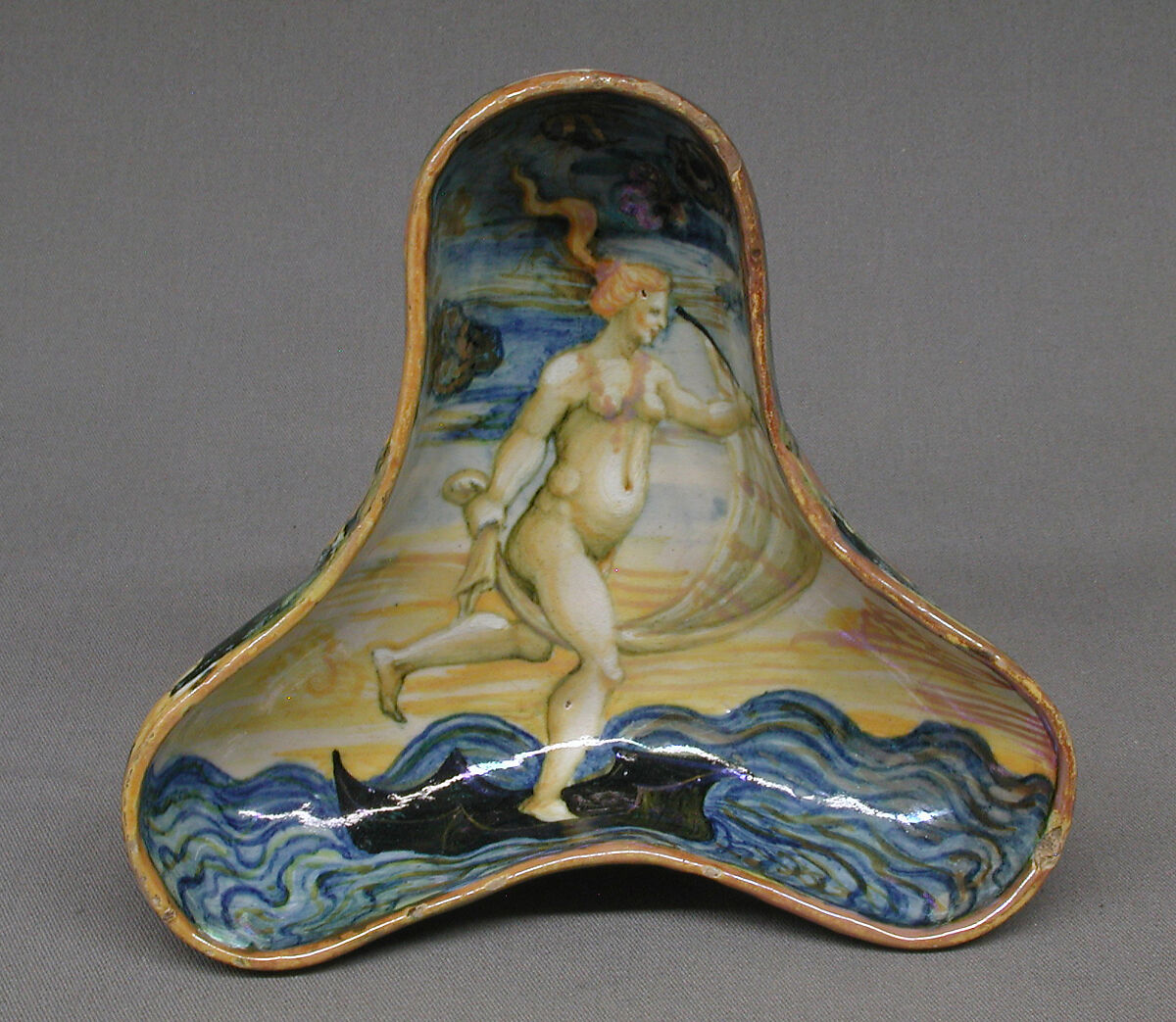 Trilobed vessel with figure of Fortuna, Maiolica (tin-glazed earthenware), lustered, Italian, Castel Durante with Gubbio luster