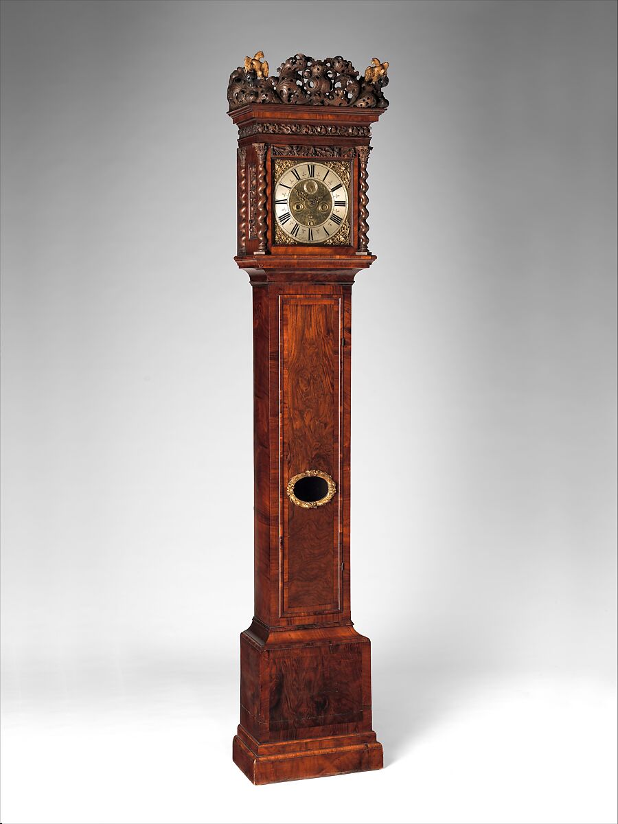 Longcase clock with calendar and alarm, Movement by Ahasuerus II Fromanteel (British, 1640–1703), Case: walnut and rosewood veneer on oak, and partly gilded limewood; Dial: gilded and silvered brass; Movement: brass and steel, Dutch, Amsterdam 