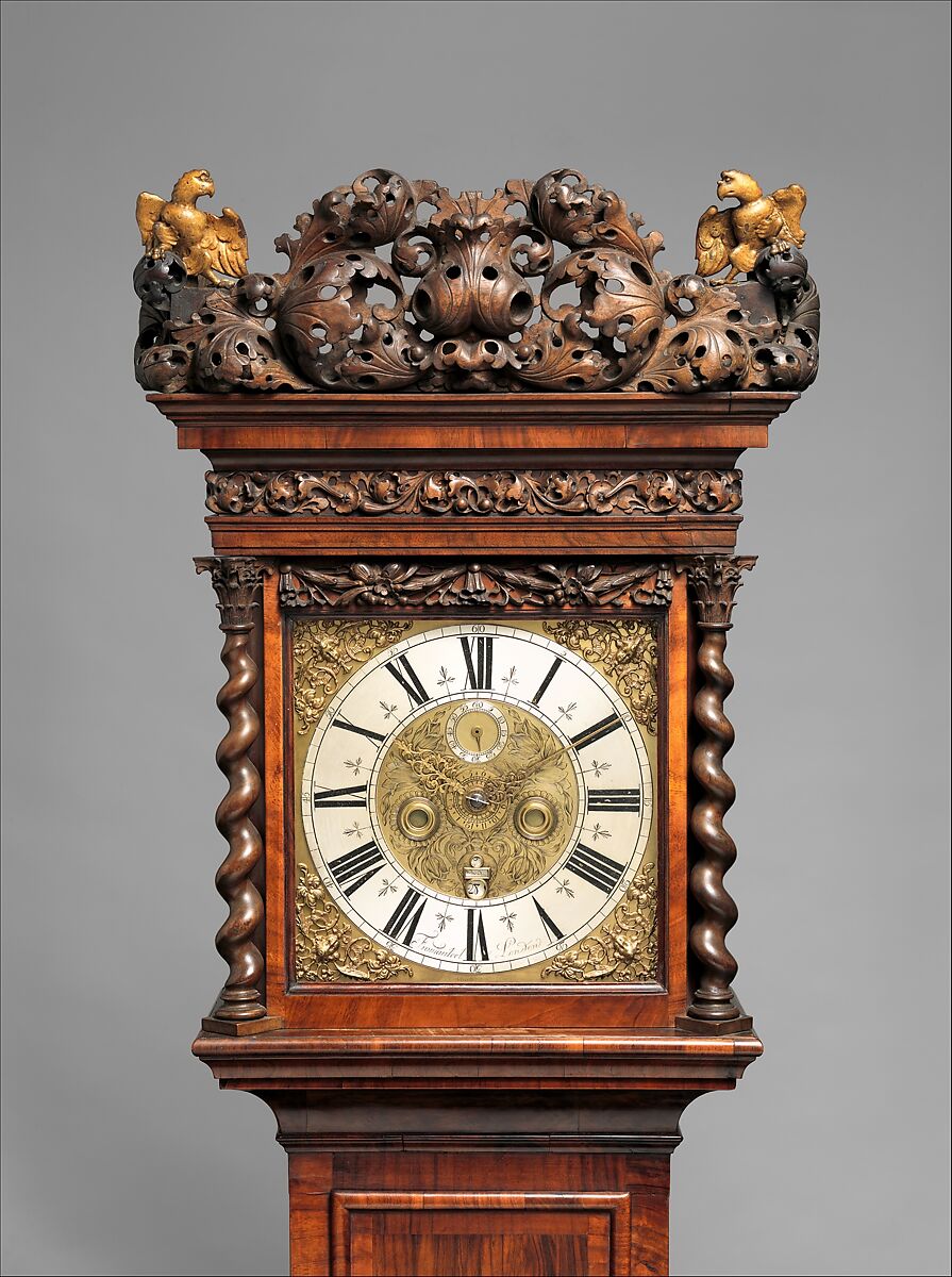 Longcase clock with calendar and alarm, Movement by Ahasuerus II Fromanteel (British, 1640–1703), Case: walnut and rosewood veneer on oak, and partly gilded limewood; Dial: gilded and silvered brass; Movement: brass and steel, Dutch, Amsterdam