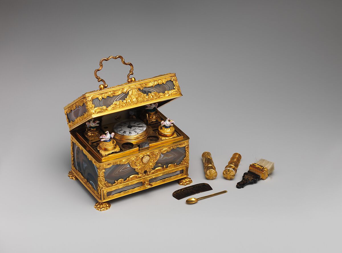 Nécessaire, Watchmaker: Joseph Martineau, Sr. (active London, 1744–1794), Gold, agate; white enamel; implements of various materials including ivory, steel, tortiseshell, hair, British, London
