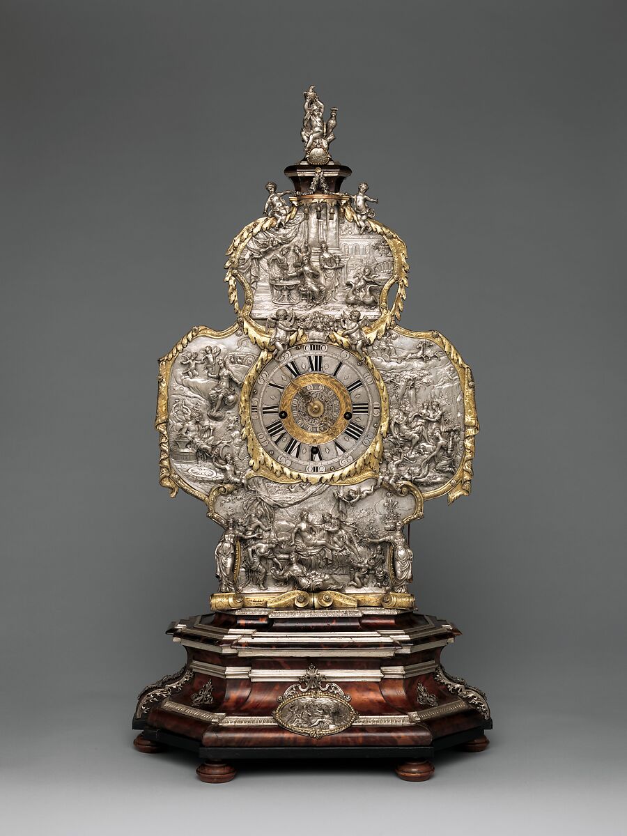 Clock, Clockmaker: Franz Xavier Gegenreiner (German, active 1760–70), Case: tortoiseshell backed with brass leaf, pearwood veneered with rosewood; and partly gilded silver; Movement: gilded brass and steel, German, Augsburg 