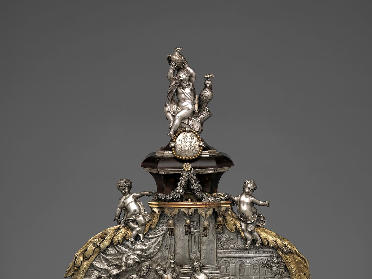 Mantel clock with alarm, Clockmaker: Franz Xavier Gegenreiner (German, active 1760–70), Case: tortoiseshell backed with brass leaf, pearwood veneered with rosewood; and partly gilded silver; Movement: gilded brass and steel, German, Augsburg