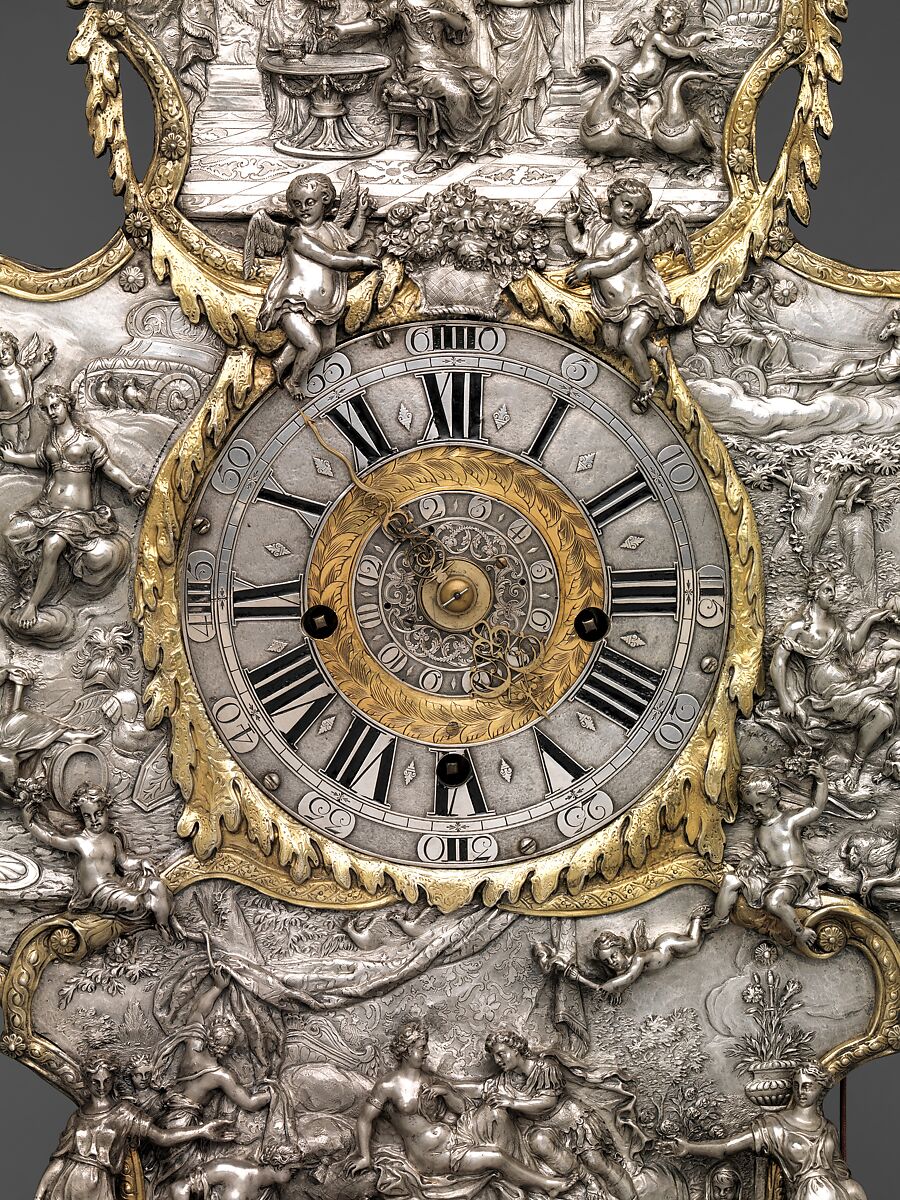 Mantel clock with alarm, Clockmaker: Franz Xavier Gegenreiner (German, active 1760–70), Case: tortoiseshell backed with brass leaf, pearwood veneered with rosewood; and partly gilded silver; Movement: gilded brass and steel, German, Augsburg