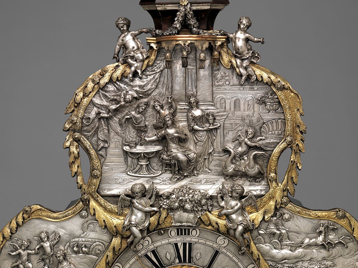 Mantel clock with alarm, Clockmaker: Franz Xavier Gegenreiner (German, active 1760–70), Case: tortoiseshell backed with brass leaf, pearwood veneered with rosewood; and partly gilded silver; Movement: gilded brass and steel, German, Augsburg