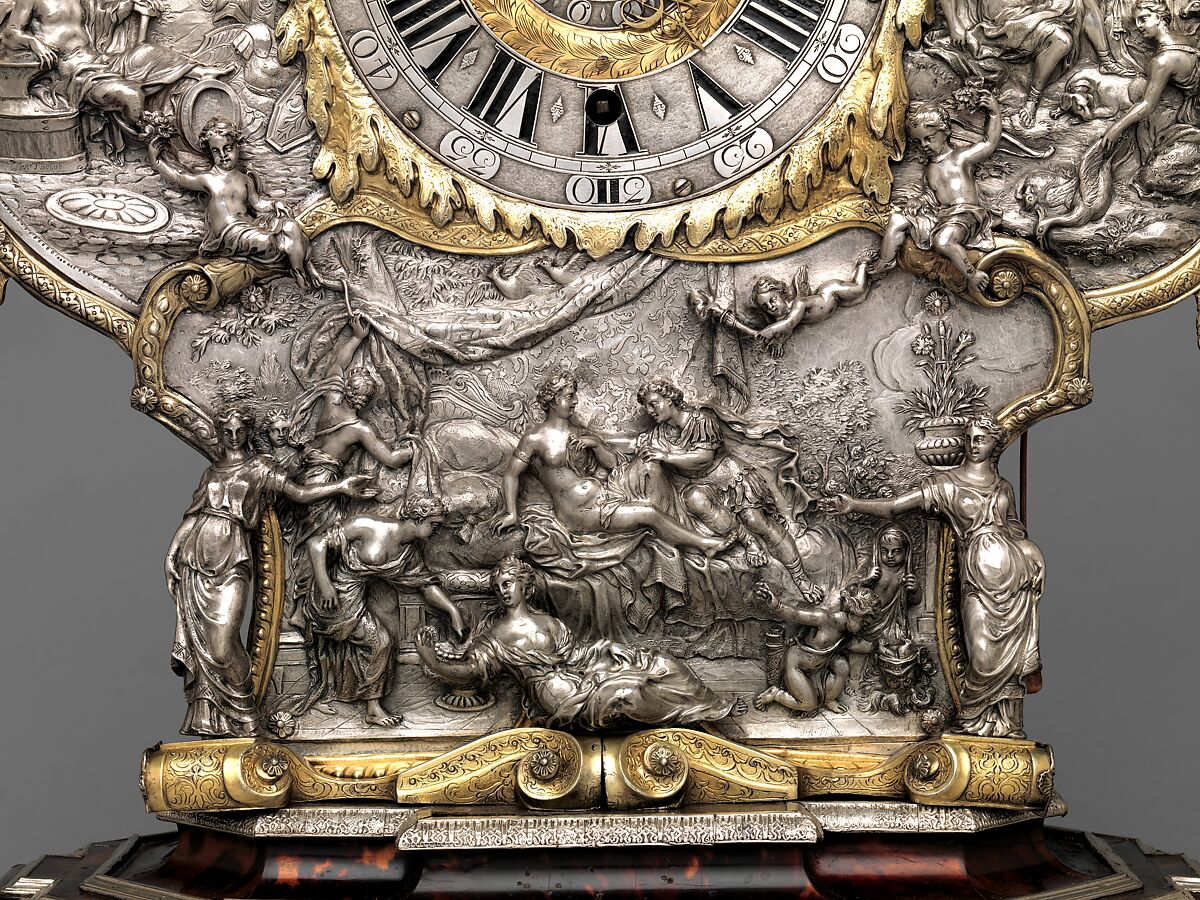 Mantel clock with alarm, Clockmaker: Franz Xavier Gegenreiner (German, active 1760–70), Case: tortoiseshell backed with brass leaf, pearwood veneered with rosewood; and partly gilded silver; Movement: gilded brass and steel, German, Augsburg