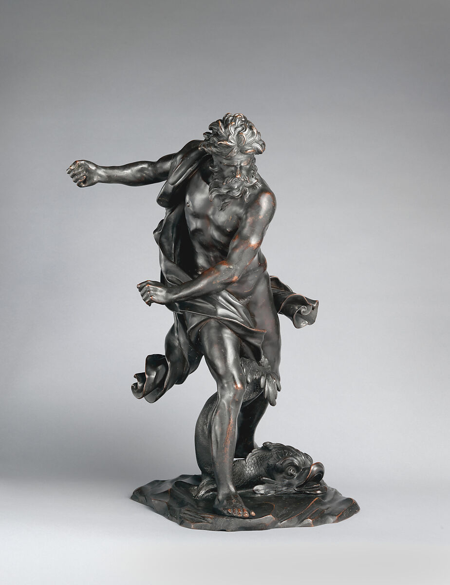 Neptune with a dolphin, After a model by Gian Lorenzo Bernini (Italian, Naples 1598–1680 Rome), Bronze, Italian