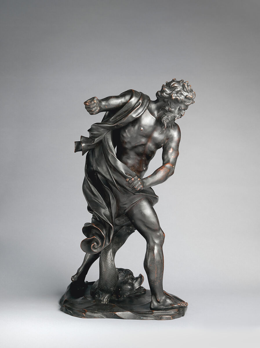 Neptune with a dolphin, After a model by Gian Lorenzo Bernini (Italian, Naples 1598–1680 Rome), Bronze, Italian