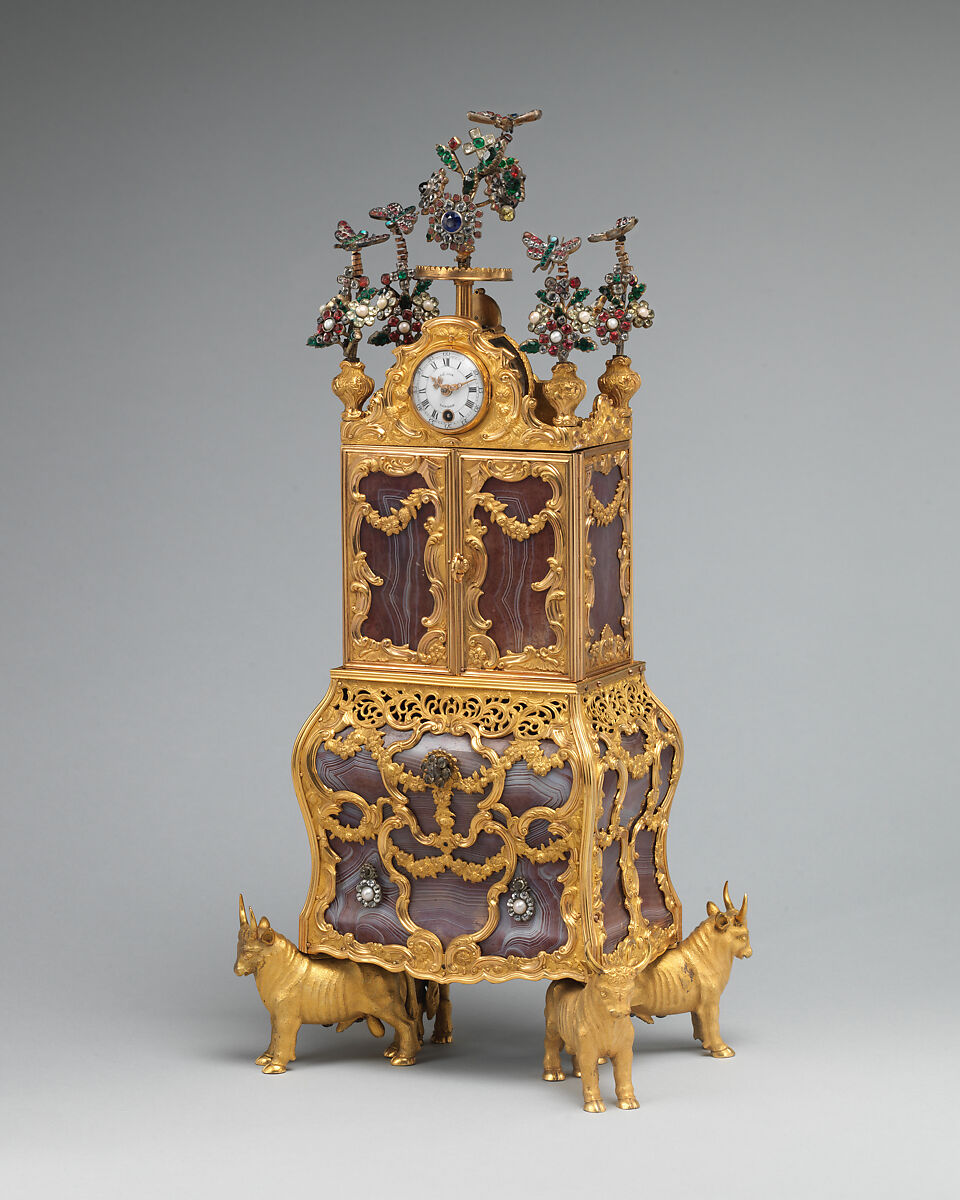 Miniature secretary incorporating a watch, James Cox (British, ca. 1723–1800), Case: agate, with gold mounts, gilded brass, pearls, and paste jewels set in silver; Dial: white enamel; Movement: wheel balance and cock set with paste jewels, British, London 